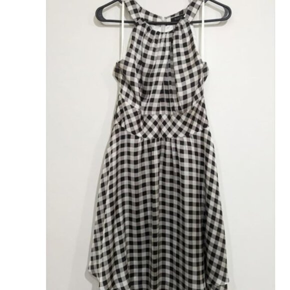 White House Black Market B&W Checkerboard Halter Flare Dress, size 8 - Picture 1 of 8